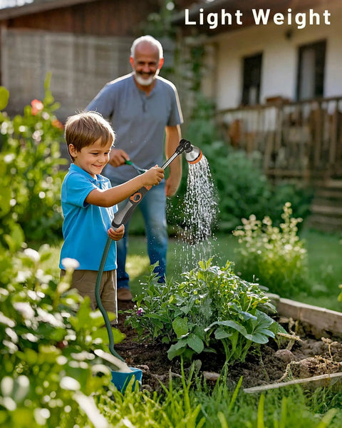 Child using All New 2027 18 Inch Watering Wand For Garden Hose Sprayer With Eight Spray Patterns and elder supervising in garden