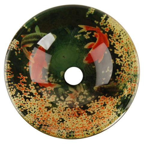 Koi And Lily Pond Glass Vessel Sink With Tempered Glass, 16.5 Inch Diameter By 5.75 Inch High, European Design Top View