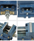 Detailed view of 5 Inch Cross Slide Drill Press Vise With 2 Way X Y Travel Heavy Duty Iron, showcasing locking mechanism and clamping features.