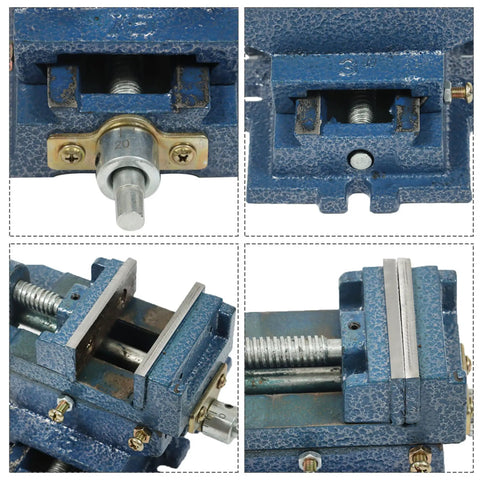 Detailed view of 5 Inch Cross Slide Drill Press Vise With 2 Way X Y Travel Heavy Duty Iron, showcasing locking mechanism and clamping features.