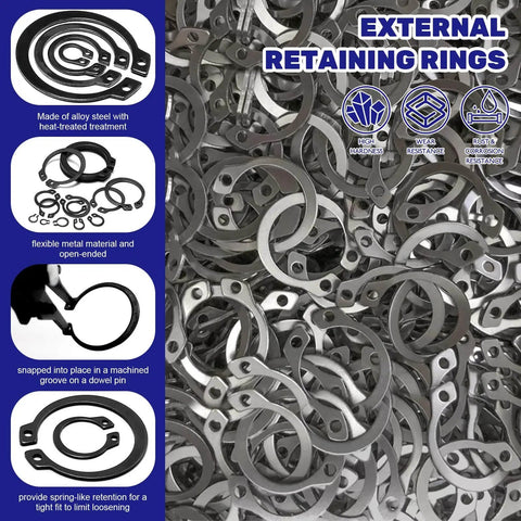 Close-up of Must Have Ultimate C Clip External Retaining Ring Set With 4 In 1 Snap Ring Pliers And Precision Hooks For Grooved Shafts Pins And Studs, 395 Pieces In 17 Sizes Alloy Steel Case Included Waltool showing alloy steel retaining rings