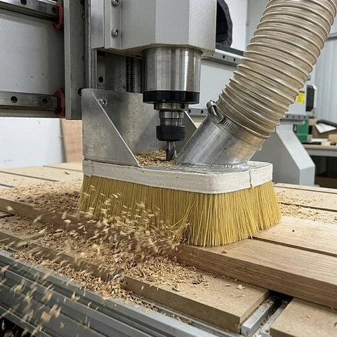 Clean Sweep Cnc Vacuum Brush 100Mm By 1M Length For Milling And Engraving Gear on CNC machine, capturing wood shavings.