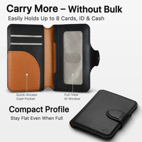 Image of an open MagSafe Wallet With RFID Blocking Magnetic Card Holder For iPhone 17 16 15 14 13 12 Series Ultra Slim 5 To 8 Card Capacity With Cash Slot And Clear ID Window Minimalist Midnight Black, showcasing card slots and ID window.