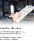 Person writing on a clipboard at a construction site with text for Visitor-Spec safety and convenience details.