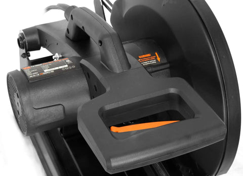 Close-up of 15 Amp 14 Inch Multi Material Cut Off Chop Saw With Carbide Tipped Blade detail focusing on handle and motor.