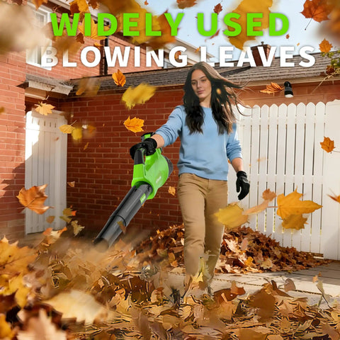 Woman using Cordless Leaf Blower With Dual 2.6Ah Batteries And Fast Charger Delivers 450 CFM And 150 MPH Two Speed Modes Lightweight Electric Yard Tool