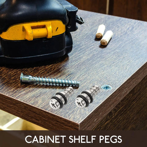 Close-up of 20 Pack Self Tapping Shelf Pegs For Cabinets And Bookcases, Cold Rolled Steel, Heavy Duty Load Bearing, drill on wood surface