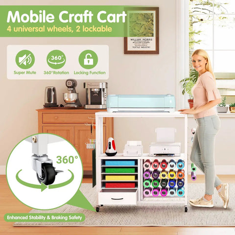 Woman using Cricut Compatible Craft Storage Cart With Vinyl Roll Holder And Drawers in home office, showcasing features