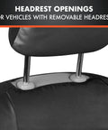 Close-up of headrest openings in faux leather car seat covers full set for SUVs and trucks, front and rear split bench black airbag compatible.