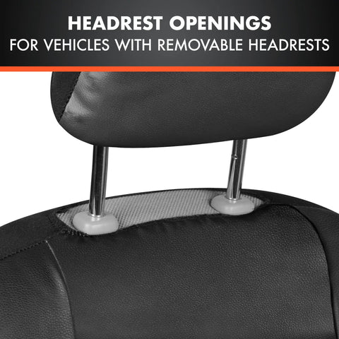 Close-up of headrest openings in faux leather car seat covers full set for SUVs and trucks, front and rear split bench black airbag compatible.