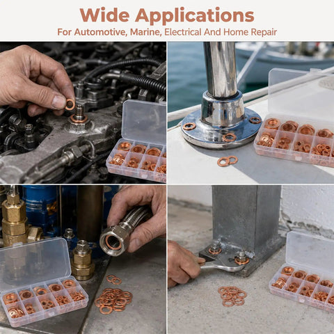 350 Pcs Copper Metric Sealing Crush Washers Set With 10 Sizes For Automotive Marine Motorcycle And DIYer Projects Durable Red Copper Gasket Seals For Oil Drain Plugs Banjo Bolts And General Sealing. Used on automotive, marine and home repair fittings
