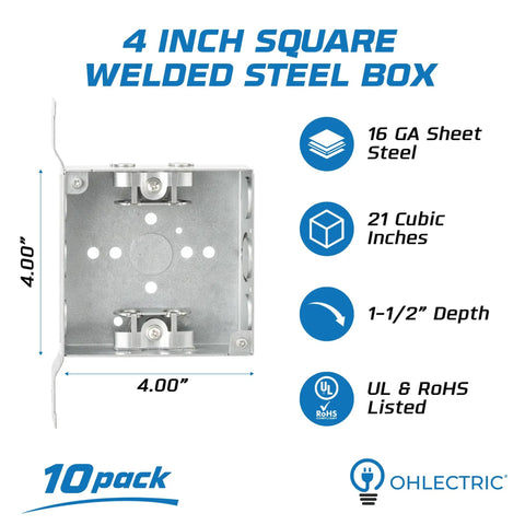 Beefy 4 Inch Square Welded Electrical Box With Flush Mount Brackets, 10-Pack, Deep 1-1/2 Inch, BX/MC Cable Clamp, Galvanized Steel