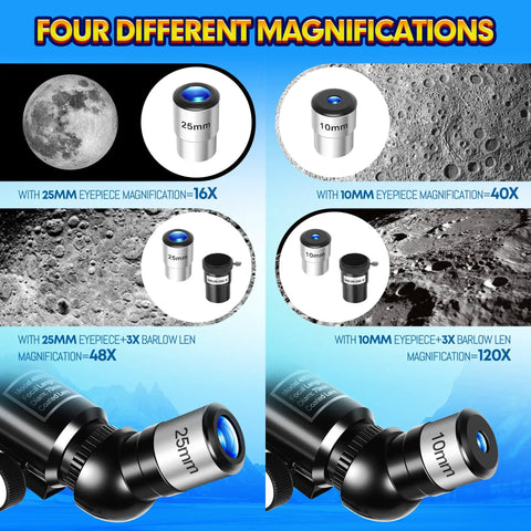 70mm Astronomical Telescope For Kids And Beginners With Space Puzzles Easy Setup And Fully Multi Coated Optics For Bright Clear Views Durable Tripod And Kid Friendly Fun Night Sky Exploration Starter Kit For Family Stargazing showing 25mm and 10mm eyepieces