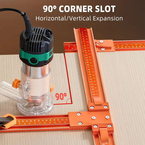 Runs Slick 50 Inch Circular Saw Guide Rail Kit Crafted From Heavy Duty Aluminum Alloy For Flawless Straight Cuts And Precise Board Cutting That Truly Knocks It Out in use with a router on a 90° corner slot.
