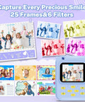 Kid Friendly Instant Print Camera With 1080P Video Includes 3 Print Rolls Inkless Thermal Paper For Safe Printing BPA Free Build One-Touch Snap And Print showing 25 frames and 6 filters