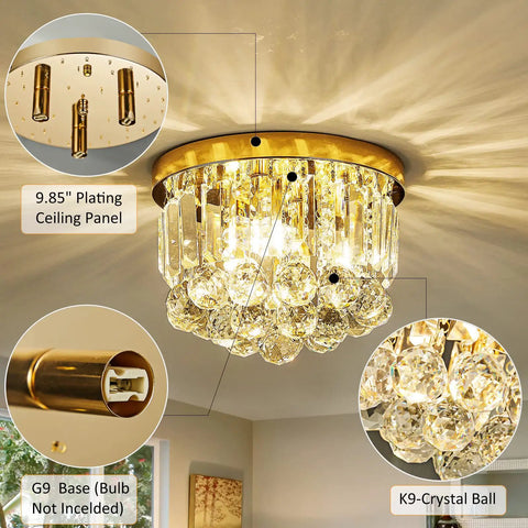 Gold Round Crystal Chandelier Ceiling Light With G9 Mount, 3 Light Pendant, Modern Glam Fixture For Living Room Dining Hallway, Sparkling Crystal Orbs And Triangle Accents, 9.85 Inch Diameter, Easy Mount, Lux Look