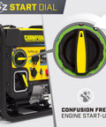 5500 Watt Dual Fuel RV Ready Portable Open Frame Inverter Generator with Quiet Technology showing start dial