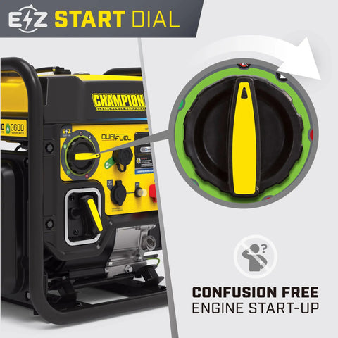 5500 Watt Dual Fuel RV Ready Portable Open Frame Inverter Generator with Quiet Technology showing start dial