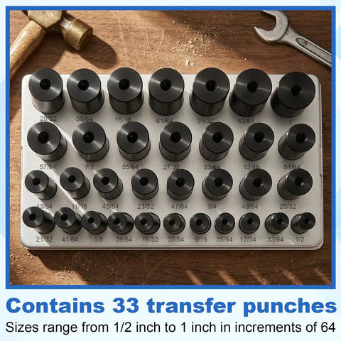 33 Piece All-In-One Transfer Punch Set With Premium Heat Treated Steel Punches From 1/2 To 1 Inch In 64th Increments, organized in stand