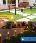 Flickering Flame Solar Garden Lights LED Outdoor Torches Pack Of 8 installed in yard, showing solar charging by day and illuminations at night.