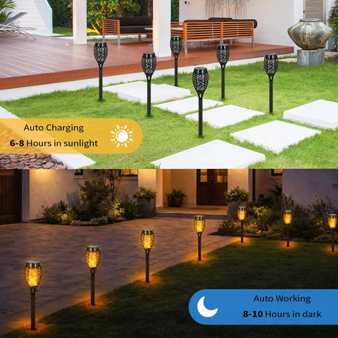 Flickering Flame Solar Garden Lights LED Outdoor Torches Pack Of 8 installed in yard, showing solar charging by day and illuminations at night.