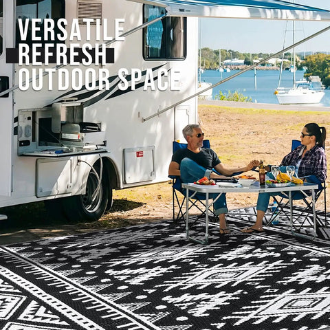 Waterproof Reversible Outdoor Rug 5x8 Ft Made From Recycled Plastic Straws Dope Boho Black And White Patio Carpet under RV scene