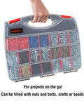 23 Compartment Small Parts Organizer Box With Removable Dividers And Secure Latches For Nuts Bolts Screws Beads Jewelry Tackle And More Grab And Go Portable Plastic Storage Case held by hand, filled with various items.