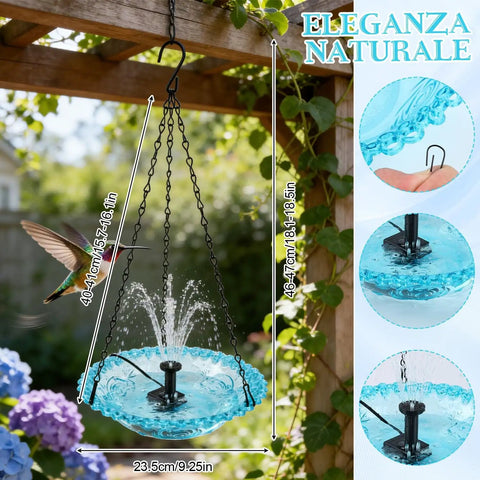 Hanging Bird Bath Fountain USB Powered Outdoor Water Feature In Blue With A Gentle Cascade To Attract Birds in garden setting