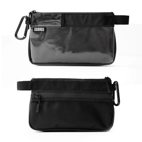 Small Black Electronics And Camera Accessories Bag With TPU Water Resistant Layer, front and back view, showing mesh details