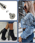 100 Pack Hella Tough Zinc Alloy Spike Rivets Badass Punk Metal Studs With Heavy Duty Iron Screw Back For Leather Jackets Clothing Shoes Belts Bags Hats Silver 12mm in use on stylish black platform boots and a denim jacket.