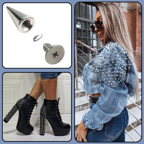 100 Pack Hella Tough Zinc Alloy Spike Rivets Badass Punk Metal Studs With Heavy Duty Iron Screw Back For Leather Jackets Clothing Shoes Belts Bags Hats Silver 12mm in use on stylish black platform boots and a denim jacket.