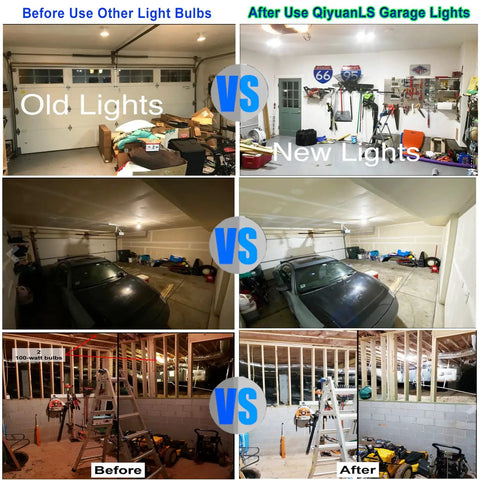 Comparison of garage lighting before and after using Two Pack 160W LED Shop Light With 6+1 Adjustable Panels, 16000LM, 6500K.