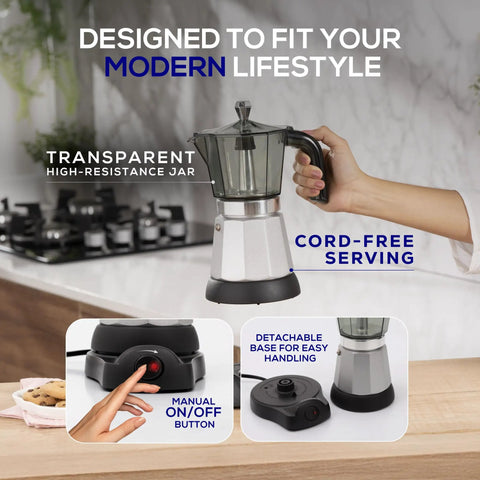 Electric Moka Pot 6 Cup Cuban Espresso Maker With Detachable Base, No Stove Needed, 480W Portable One Touch Brew shown in use