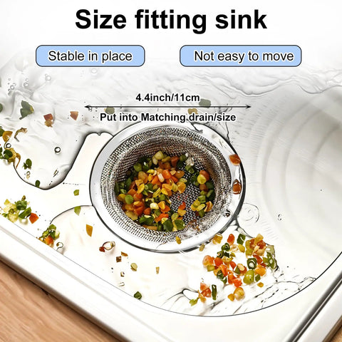 Forty Pack Premium Stainless Steel Mesh Sink Strainer Four Point Five Inch Drain Filter Basket fitting in sink with food scraps.