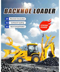 Yellow Compact Backhoe Loader Tractor 4x4 Do It All Digger And Loader with rocks on a construction site