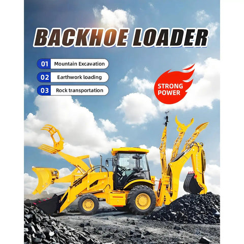 Yellow Compact Backhoe Loader Tractor 4x4 Do It All Digger And Loader with rocks on a construction site
