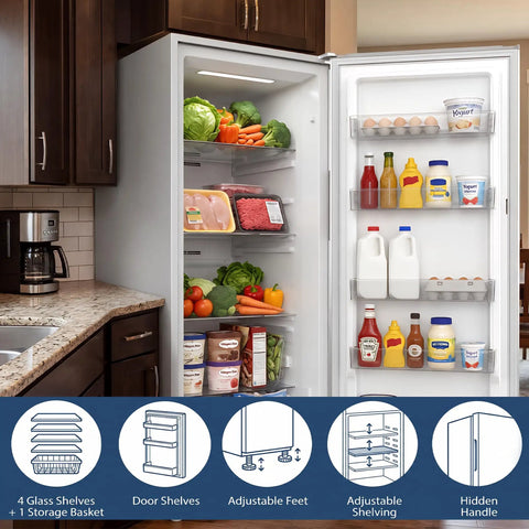 Interior view of Huge 17 Cu Ft Upright Convertible Freezer And Fridge Hybrid With Four Chill Modes showing fresh food and adjustable shelves.