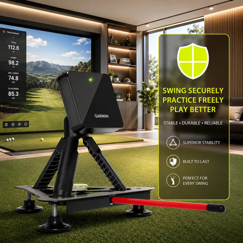 Adjustable Alignment And Leveling Stand For R10 Launch Monitor shown in indoor golf simulator setup