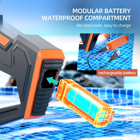 Close-up of black electric water gun with an orange modular rechargeable battery on a poolside. Electric Water Gun For Adults And Kids Auto Filling Squirt Gun With Long Range Epic Power Large Capacity Water Blaster For Summer Pool Beach Parties Great Gift For 6 7 8 Year Old Boys And Girls Black