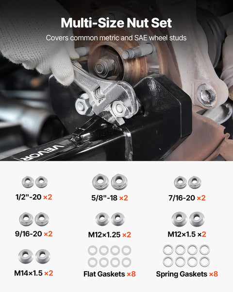 Wheel Bearing Hub Removal Tool Kit with nuts and washers for 5, 6, 8 lug hubs installation on vehicle hub.