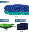 All In One Camping Gear Kit With 2 To 3 Person Dome Tent 2 Sleeping Bags 2 Sleeping Pads 2 Single Camping Hammocks With Tree Straps 2 Lightweight Fuzzy Bed Blankets For A Cozy Outdoor Adventure Ready For The Great Outdoors showing two air cushions and two soft blankets.