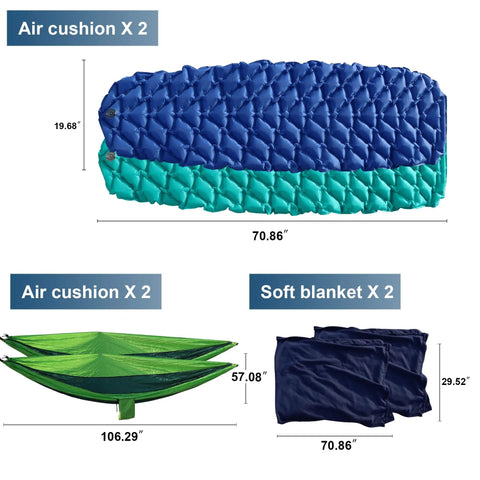 All In One Camping Gear Kit With 2 To 3 Person Dome Tent 2 Sleeping Bags 2 Sleeping Pads 2 Single Camping Hammocks With Tree Straps 2 Lightweight Fuzzy Bed Blankets For A Cozy Outdoor Adventure Ready For The Great Outdoors showing two air cushions and two soft blankets.