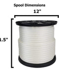 Half Inch White Polyester Rope On A 250 Ft Spool, Solid Braid Dacron Multipurpose Utility Rope displayed with dimensions