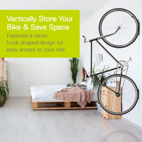 Vertical Bike Wall Mount With Tire Tray For Easy Access And Space Saving Storage Holds Up To 40 Lbs in modern bedroom setting