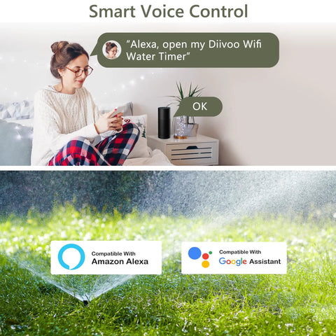 Woman controlling WiFi Sprinkler Timer 3 Zone With Alexa And Google Assistant Compatibility, lawn irrigation, smart control