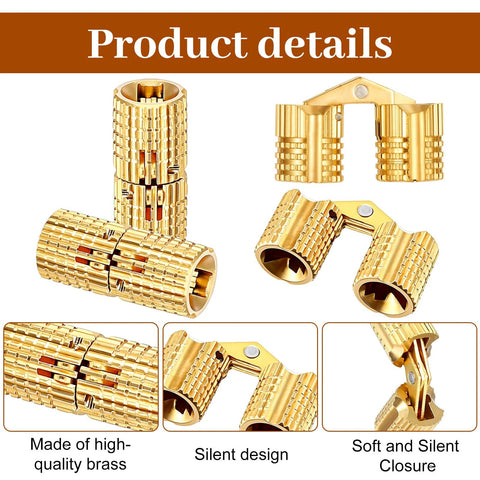 8mm Hidden Brass Barrel Hinges Set For DIY Jewelry Boxes And Small Wooden Boxes, 180 Degree Concealed Cabinet Hinges In Solid Brass With Rust Resistant Gold Tone Finish, Includes 4 Hinges displayed.