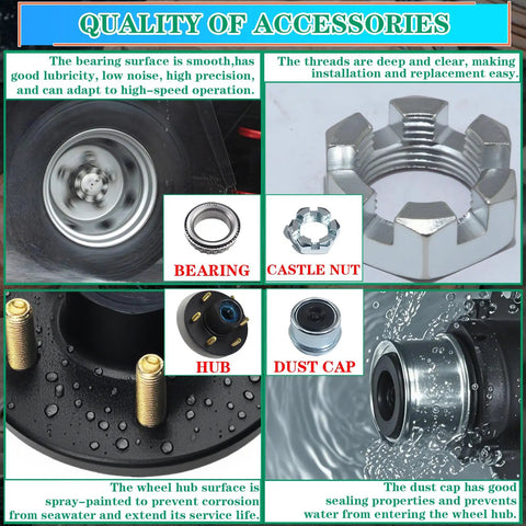 Quality of accessories for Sturdy Trailer Idler Hub Assembly Built For 5200 To 6000 Lb Loads including bearings, dust cap, and hub.