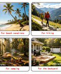 A collage of outdoor activities: beach vacation, hiking, camping, and backyard setup.