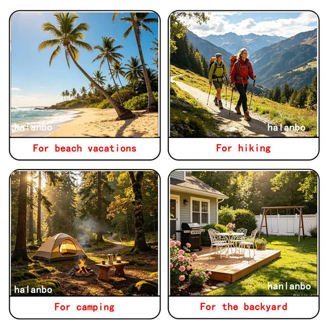 A collage of outdoor activities: beach vacation, hiking, camping, and backyard setup.
