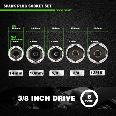 All In One 11 Piece Spark Plug Socket Set With Three Eighth Inch Drive Ratchet Gapper Universal Joint And Three, Six, Ten Inch Extensions Sizes Five Eighths Three Quarters Thirteen Sixteenths Fourteen And Eighteen Millimeter Six Point Sockets With Rubber
